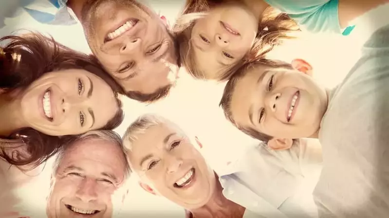 Kids, parents, and grandparents at a family reunion.