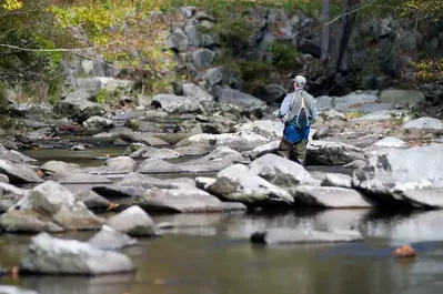 man fishing on rocks at national park